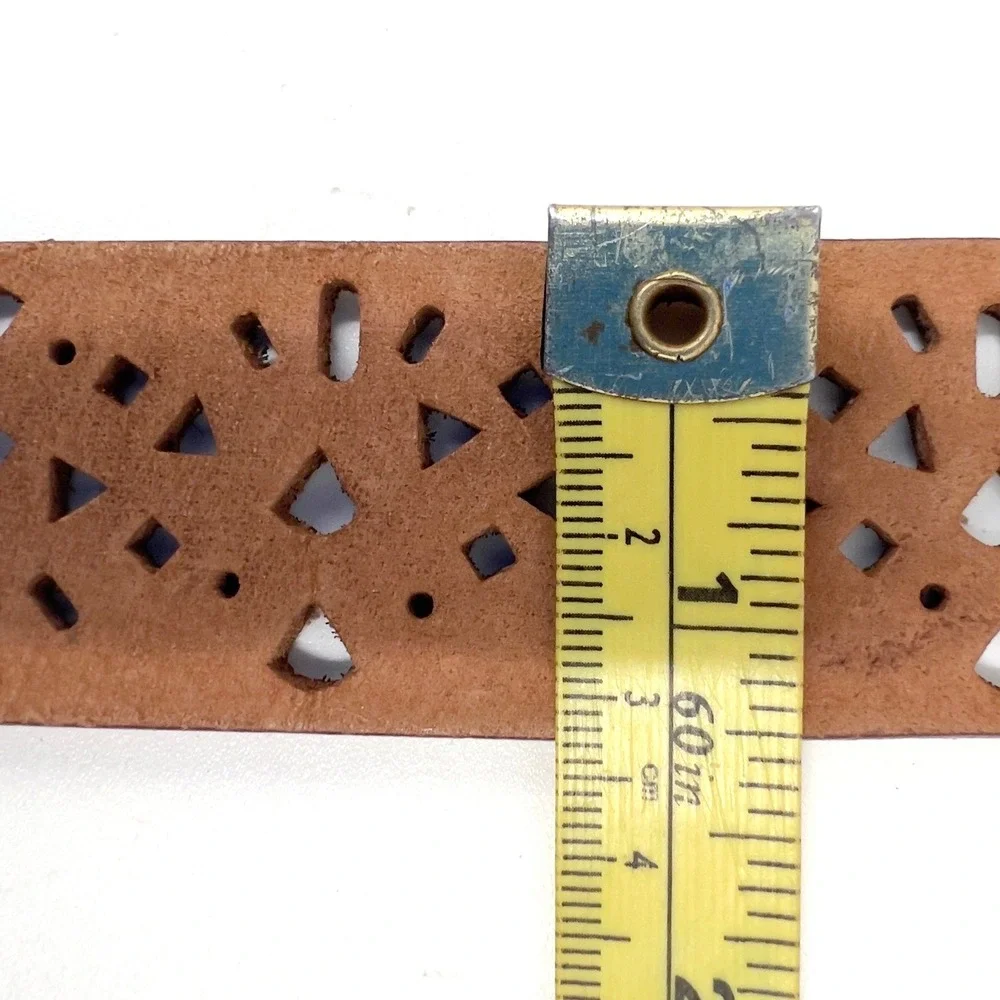 Men's Tan Leather Belt Geometric Punch Cut-Out Antique Brass Buckle Boho M 40